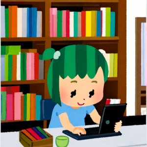 A girl with green hair with double eyelashes holding a tablet on top of a keyboard