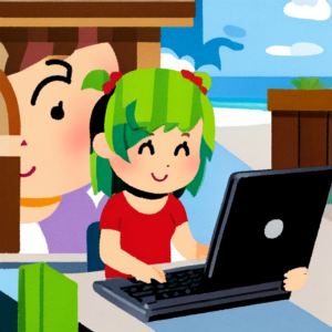 A green hair girl using a laptop with its screen coming out of it, with a giant woman behind her staring at her